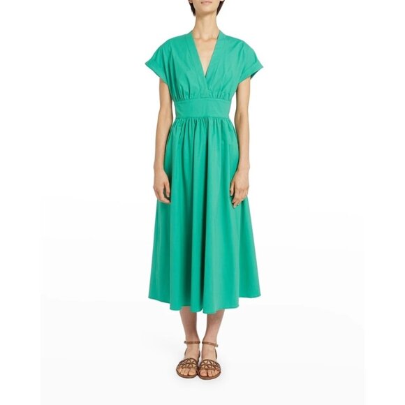 MARELLA Dresses & Skirts - Marella Size 2 Emerald Green Bobbio Cotton Ruched Cap Sleeve A-Line Midi Dress
